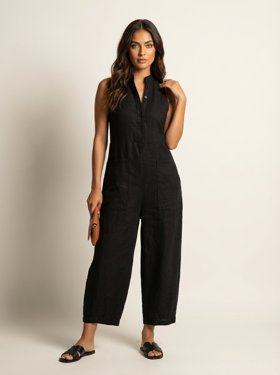 Linnenlook jumpsuit met wijde pijpen en kraag