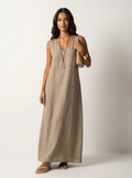 Linnenlook maxi jurk met V-hals in khaki
