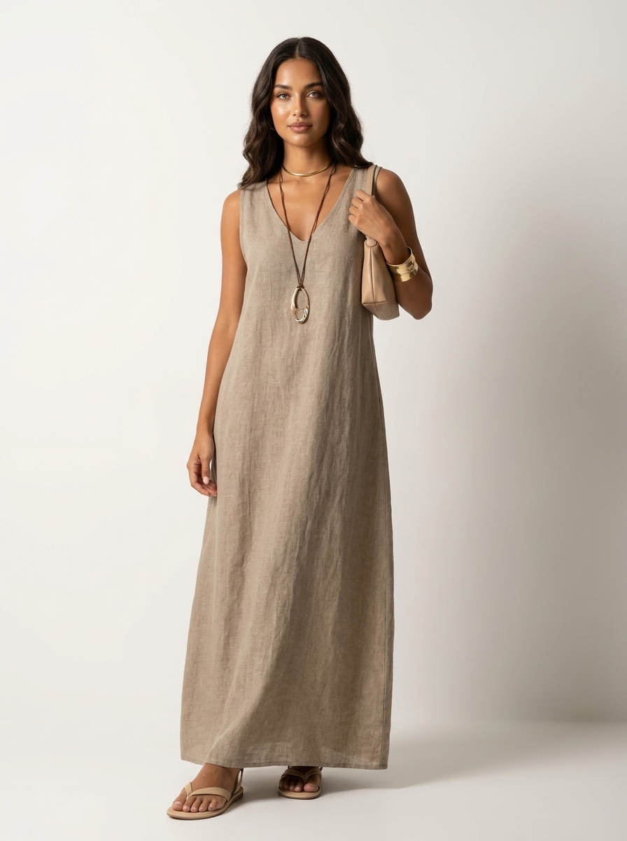 Linnenlook maxi jurk met V-hals in khaki