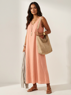 Linnenlook maxi jurk met V-hals in oranje