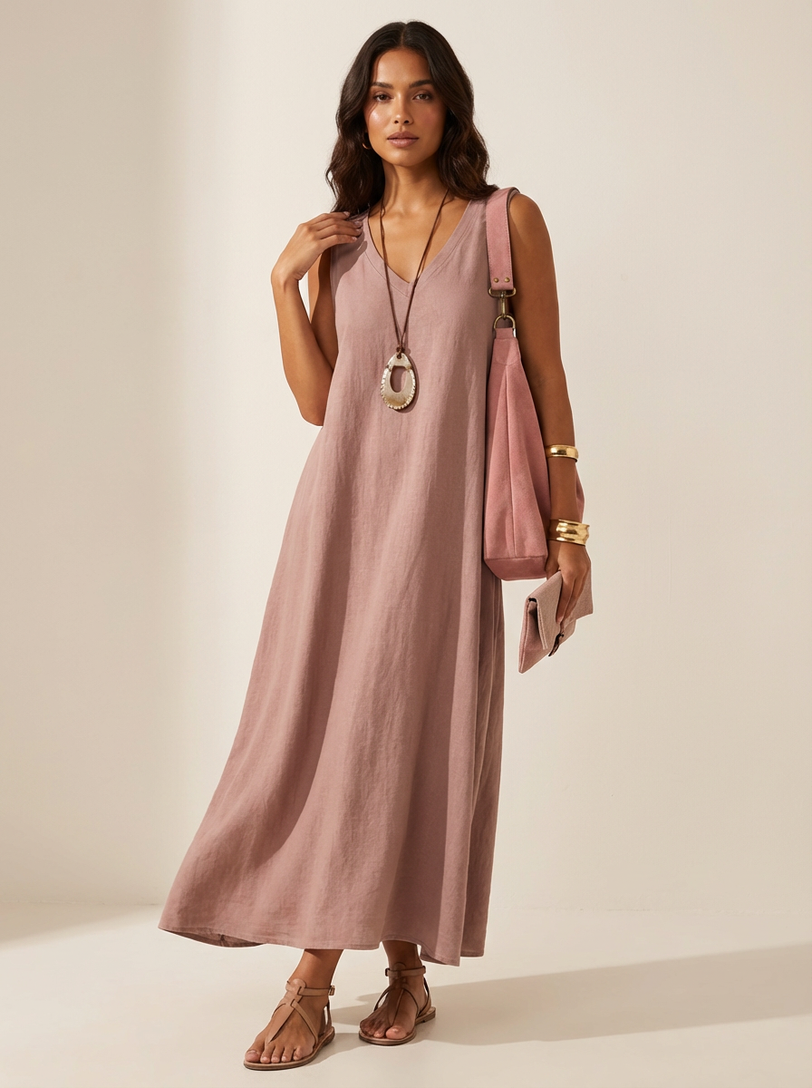 Linnenlook maxi jurk met V-hals in roze