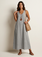 Linnenlook maxi jurk met V-hals in grijs