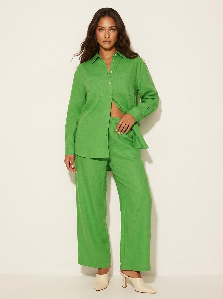 Linnenlook tweedelige set met wijde broek voor dames in groen en olijfgroen