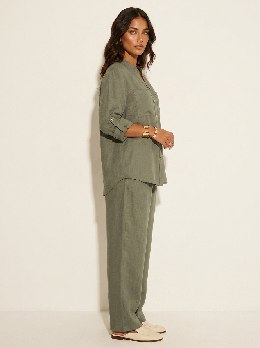 Linnenlook tweedelige set met wijde broek voor dames