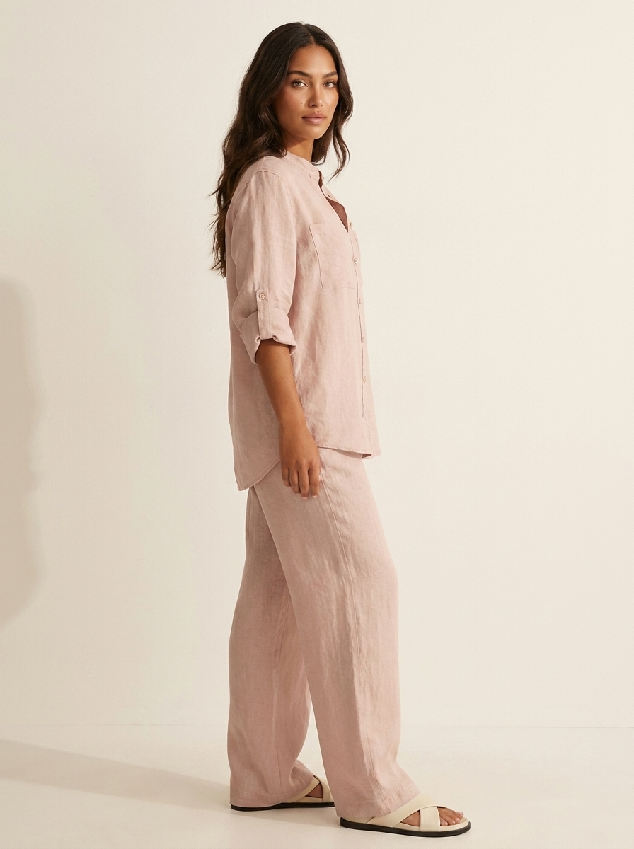 Linnenlook tweedelige set met wijde broek voor dames