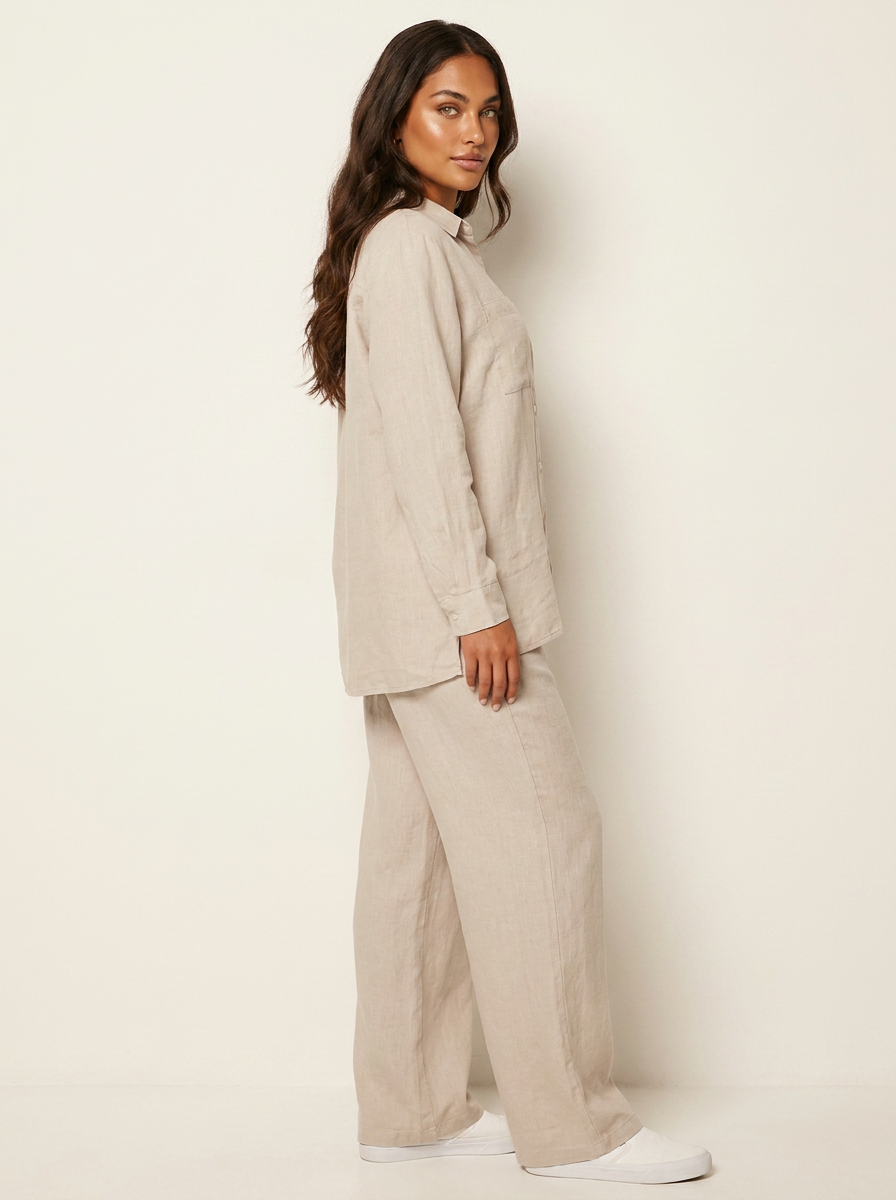 Linnenlook tweedelige set met wijde broek voor dames