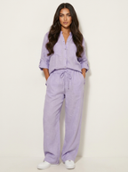 Linnenlook tweedelige set met wijde broek voor dames in paars