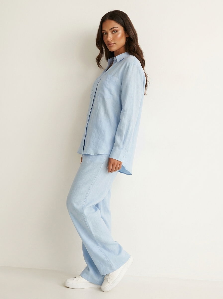 Linnenlook tweedelige set met wijde broek voor dames