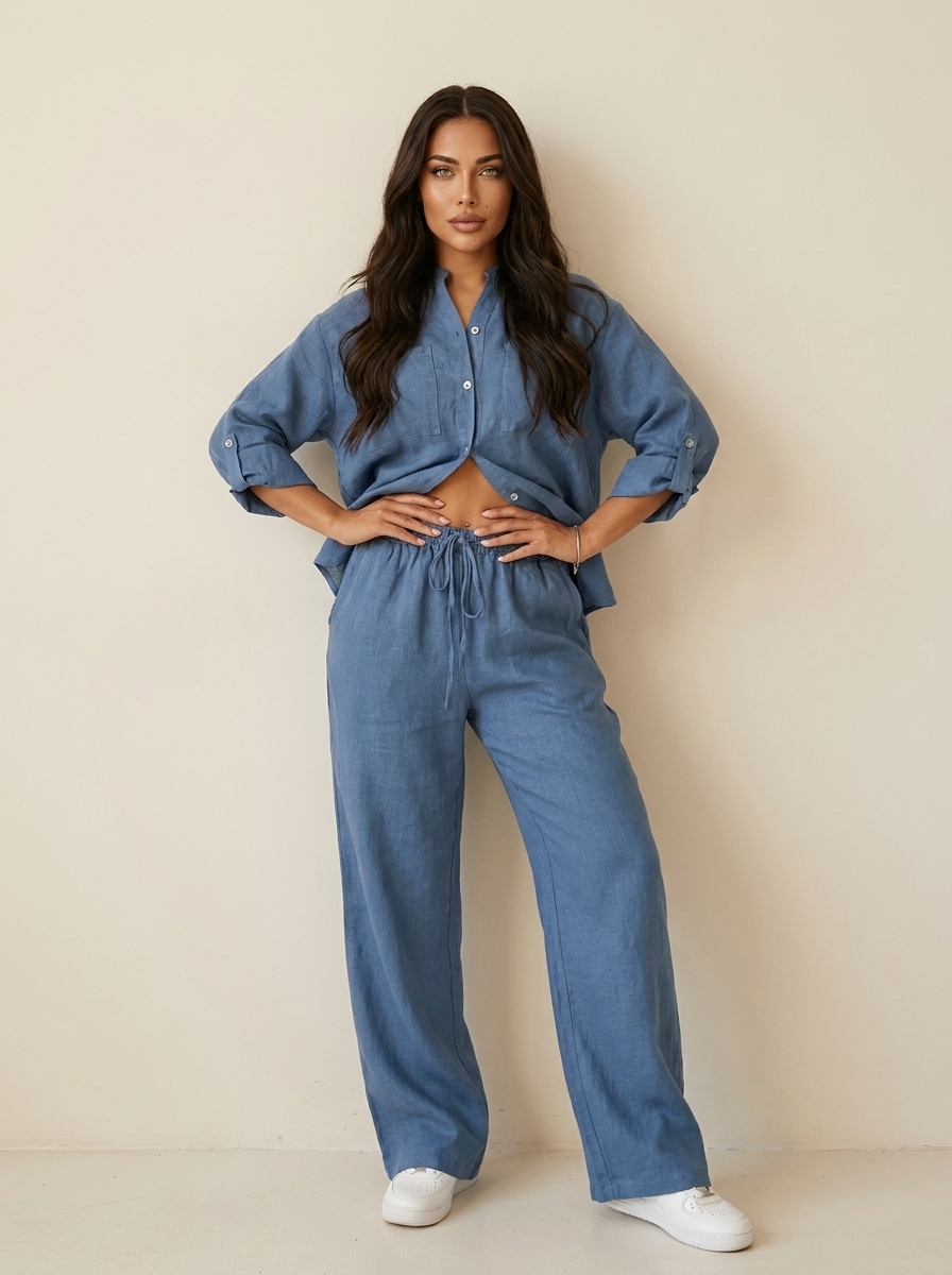 Linnenlook tweedelige set met wijde broek voor dames in blauw