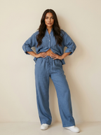Linnenlook tweedelige set met wijde broek voor dames in blauw