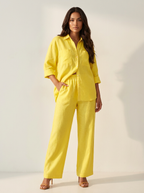 Linnenlook tweedelige set met wijde broek voor dames in geel