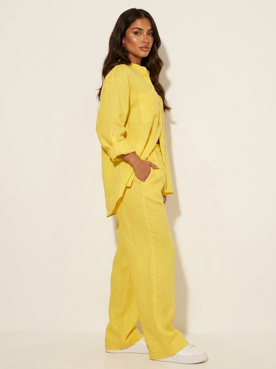 Linnenlook tweedelige set met wijde broek voor dames