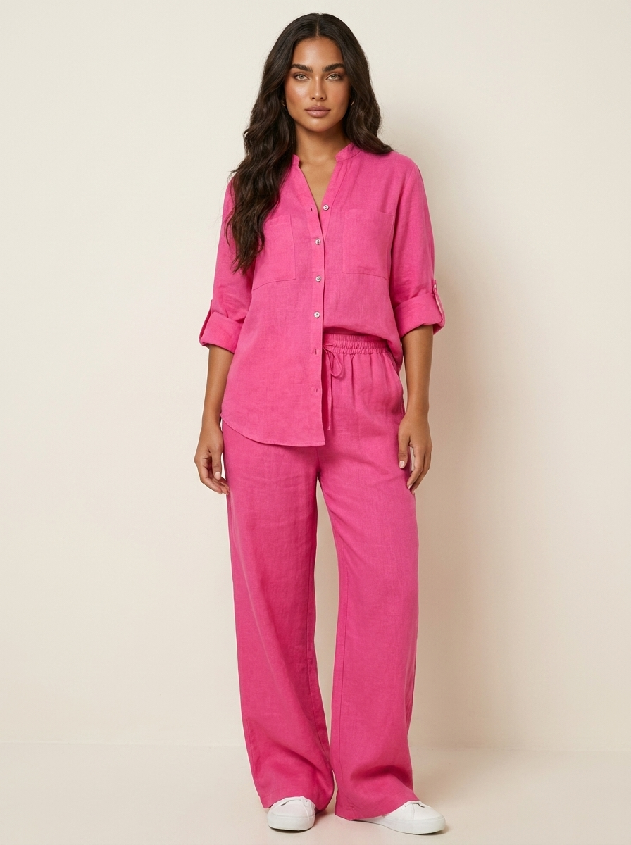 Linnenlook tweedelige set met wijde broek voor dames in roze-rood