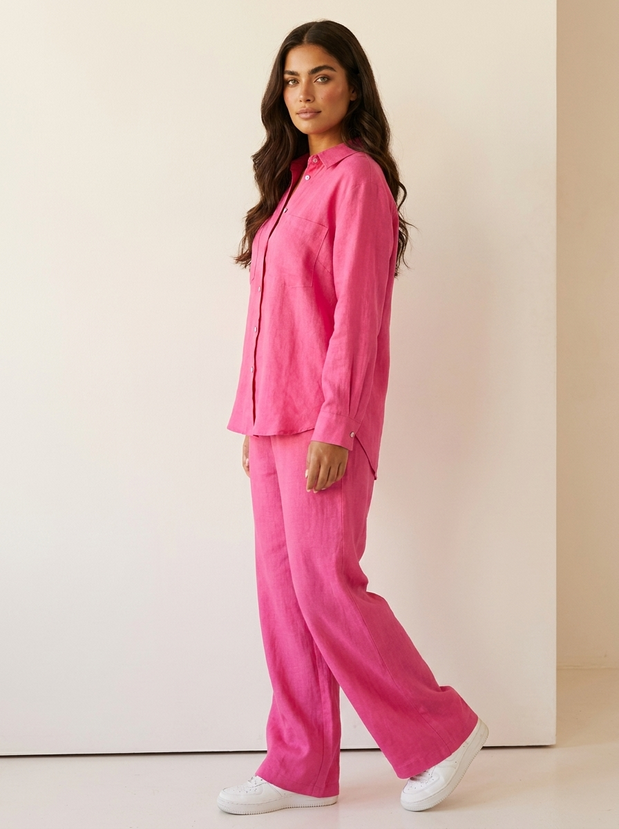 Linnenlook tweedelige set met wijde broek voor dames