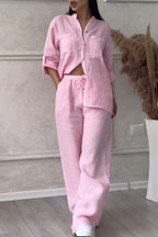 Linnenlook tweedelige set met wijde broek voor dames