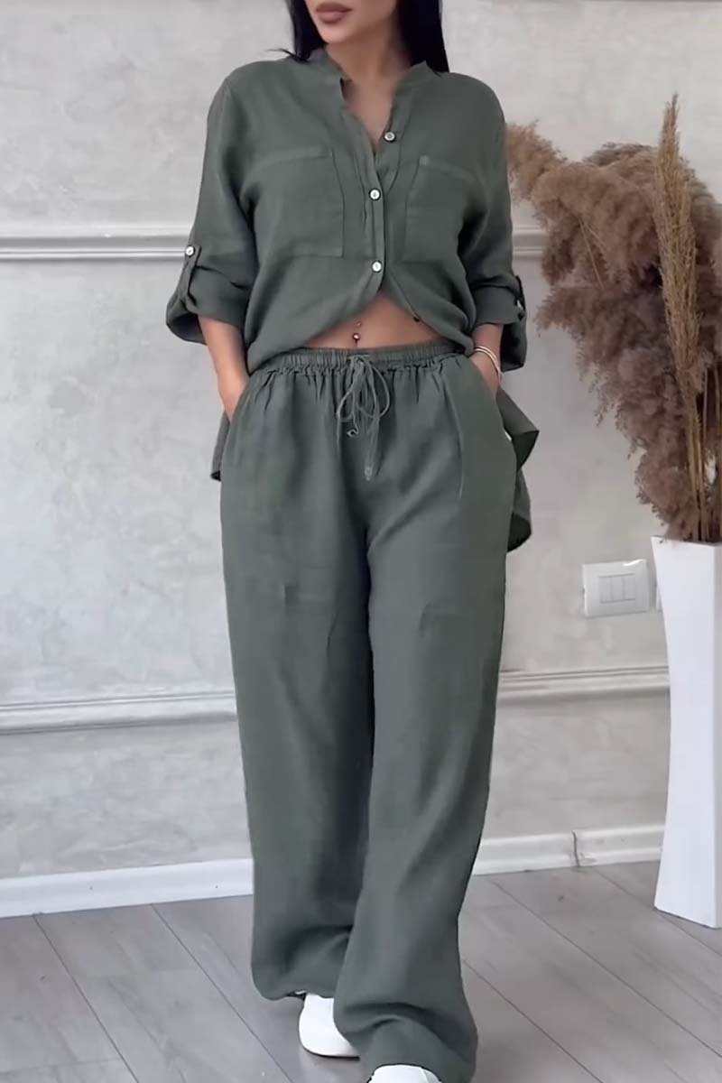 Linnenlook tweedelige set met wijde broek voor dames