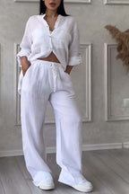 Linnenlook tweedelige set met wijde broek voor dames