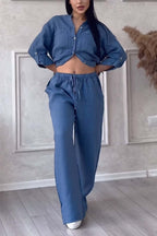 Linnenlook tweedelige set met wijde broek voor dames