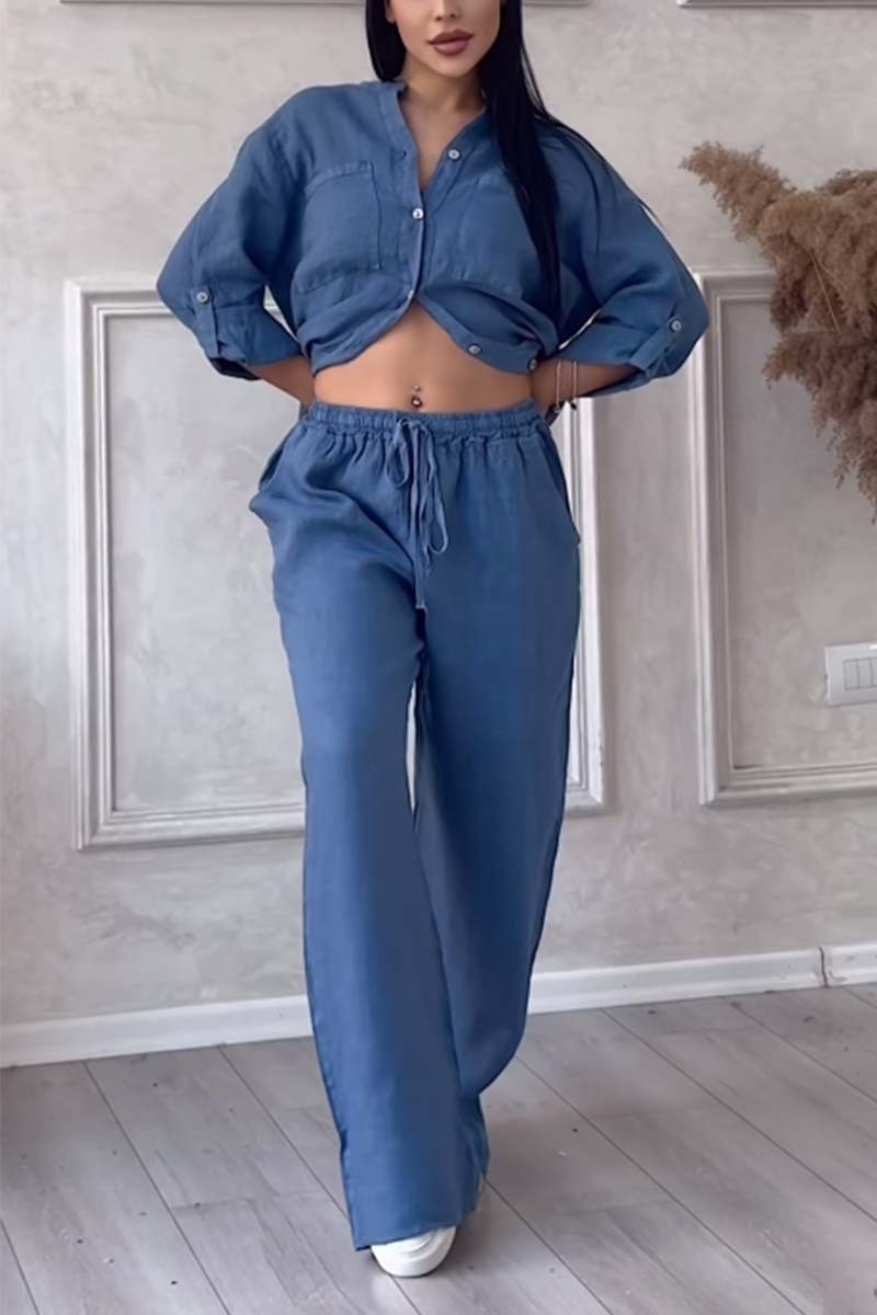 Linnenlook tweedelige set met wijde broek voor dames