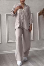 Linnenlook tweedelige set met wijde broek voor dames