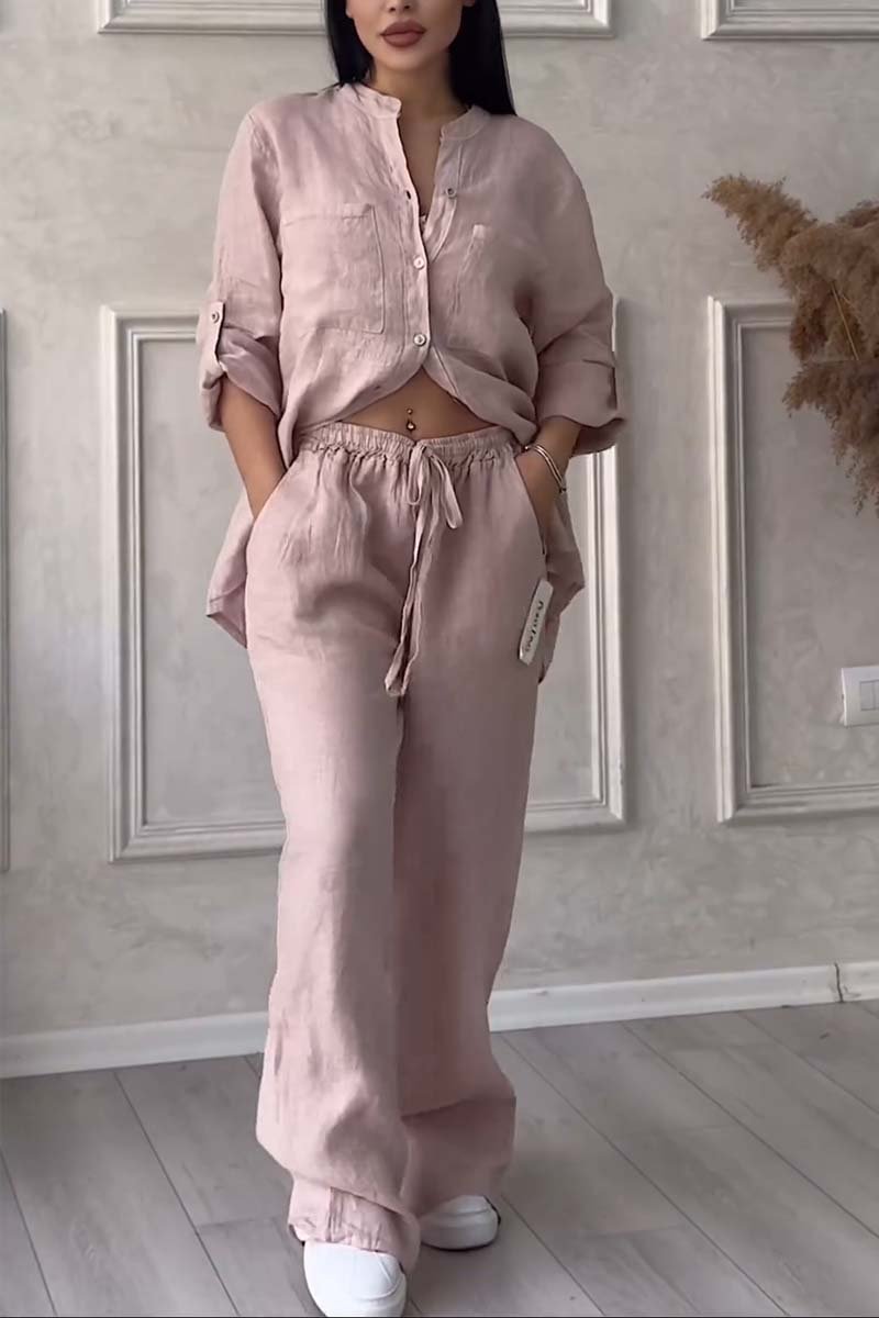 Linnenlook tweedelige set met wijde broek voor dames