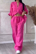 Linnenlook tweedelige set met wijde broek voor dames