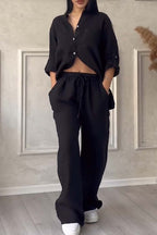 Linnenlook tweedelige set met wijde broek voor dames