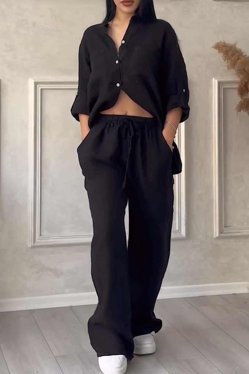 Linnenlook tweedelige set met wijde broek voor dames