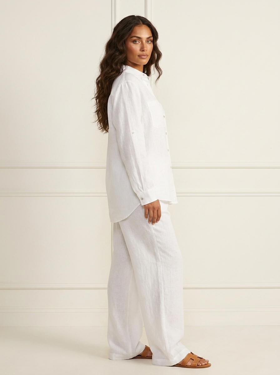Linnenlook tweedelige set met wijde broek voor dames