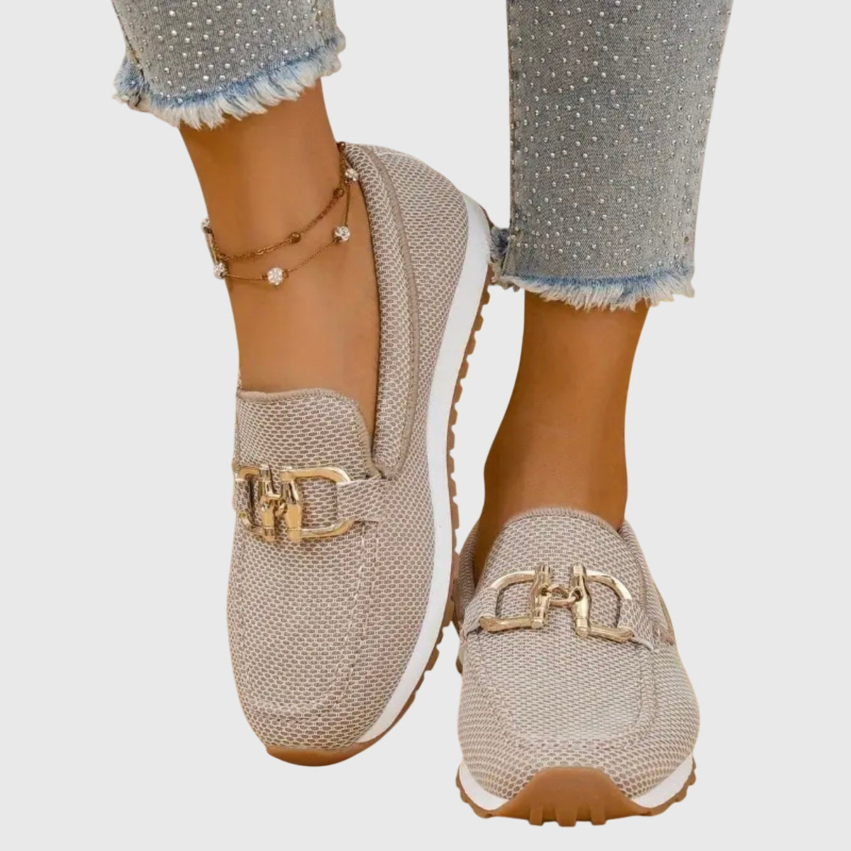 Loafers met mesh en goudkleurig detail voor dames in beige
