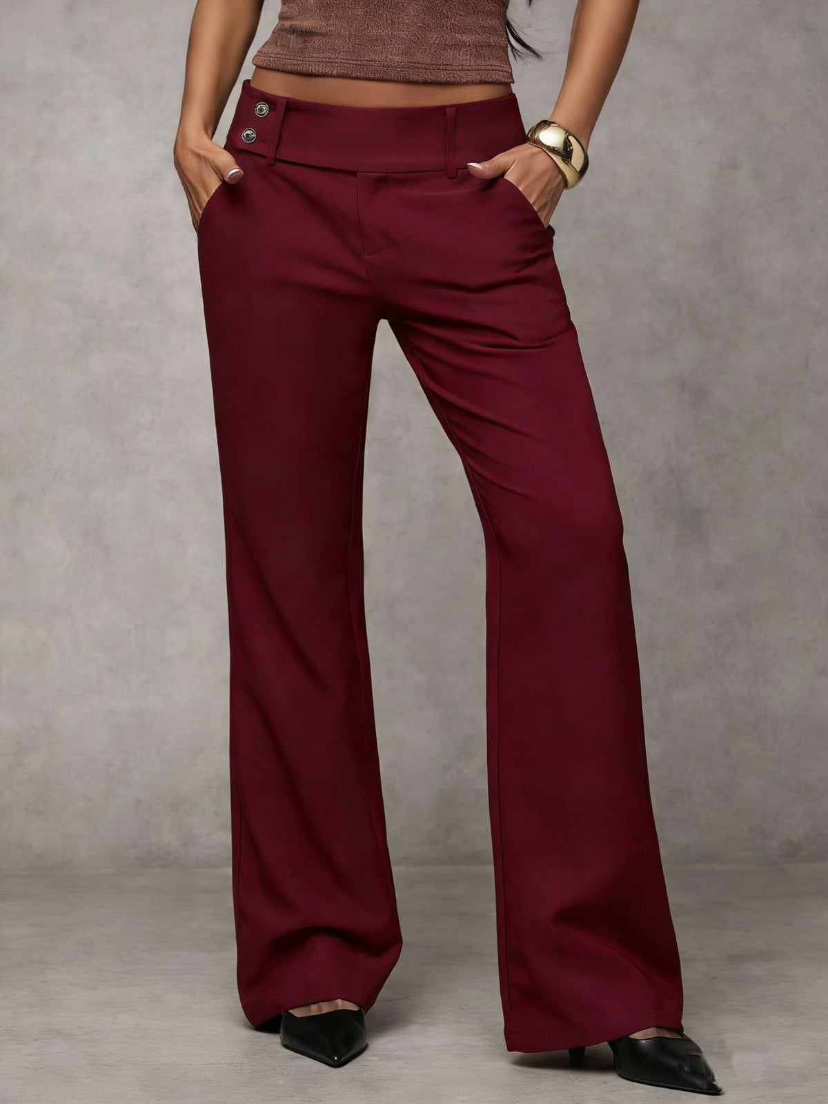 Losse broek met hoge taille en rechte pijpen voor dames in wijnrood