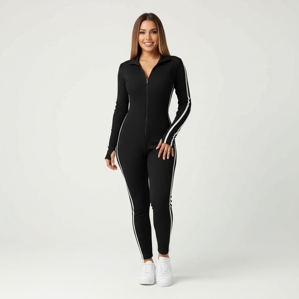 Lounge jumpsuit met ritssluiting en contrastlijnen voor dames in zwart