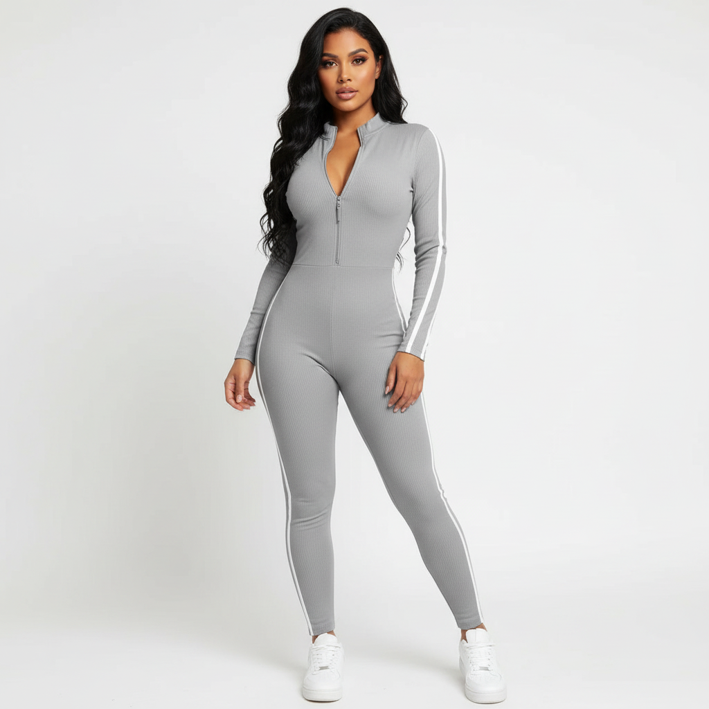 Lounge jumpsuit met ritssluiting en contrastlijnen voor dames in grijs