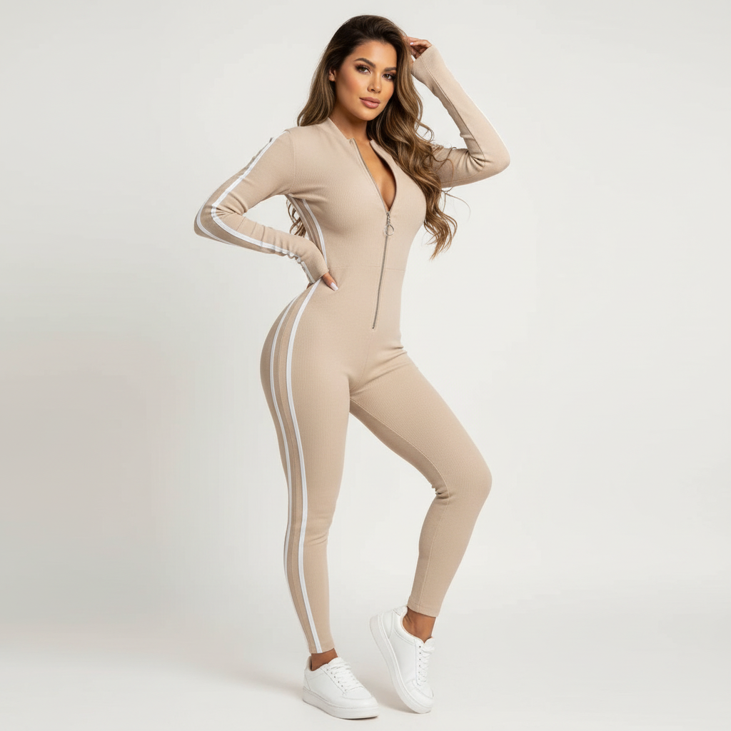 Lounge jumpsuit met ritssluiting en contrastlijnen voor dames in beige