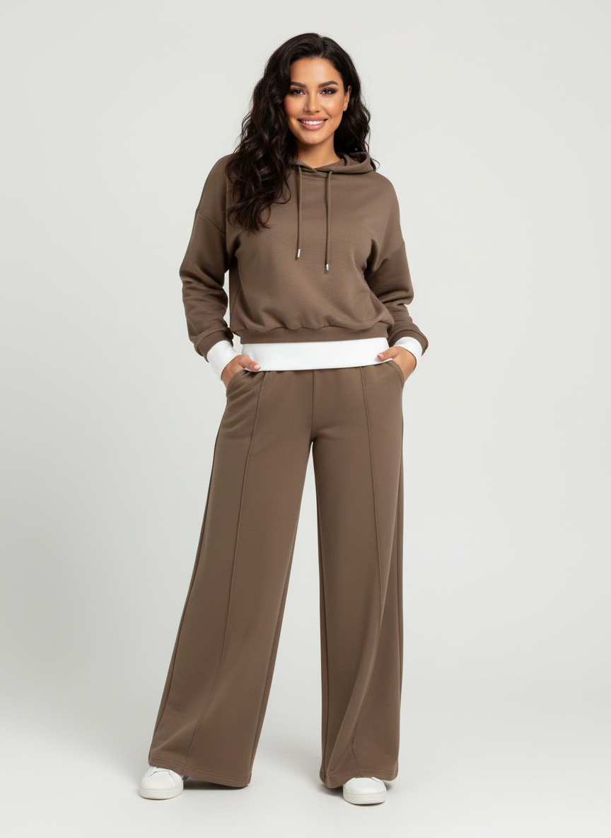 Loungeset met hoodie en wide-leg broek voor dames in bruin