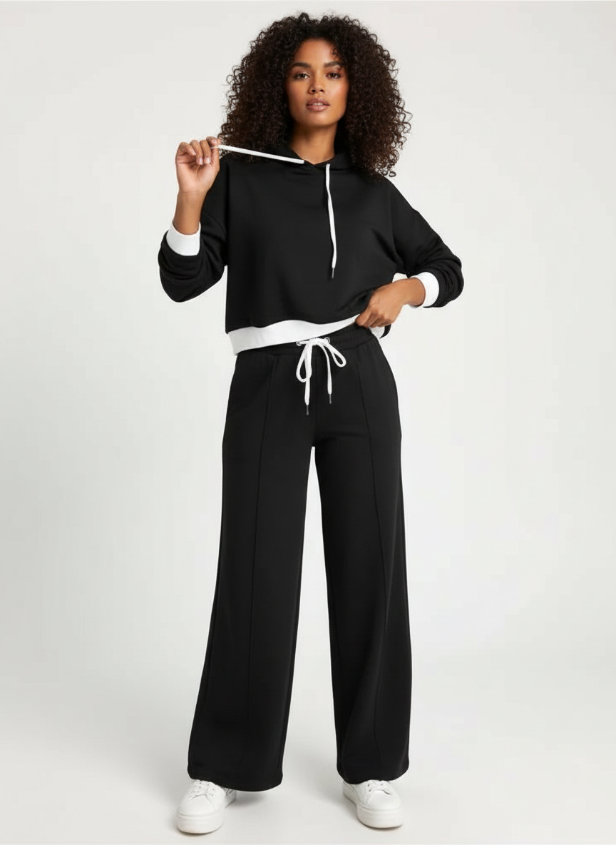 Loungeset met hoodie en wide-leg broek voor dames in zwart
