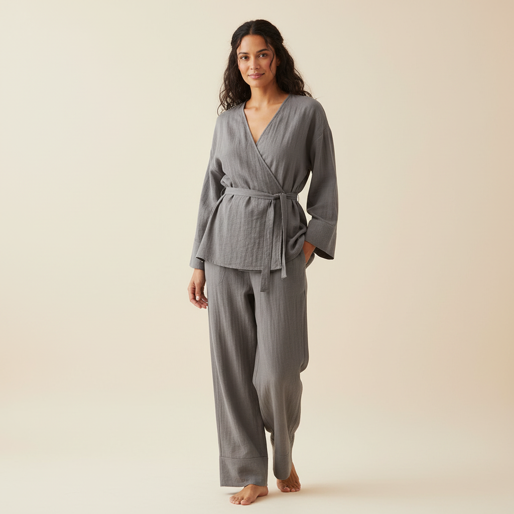 Loungeset met kimono-top en ceintuur voor dames in grijs