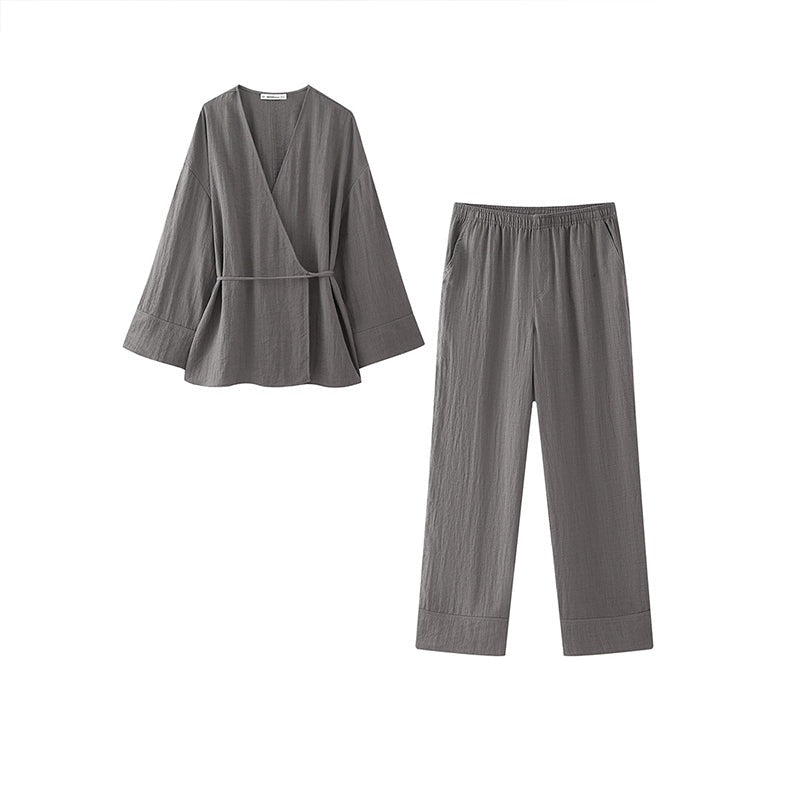Loungeset met kimono-top en ceintuur voor dames in grijs