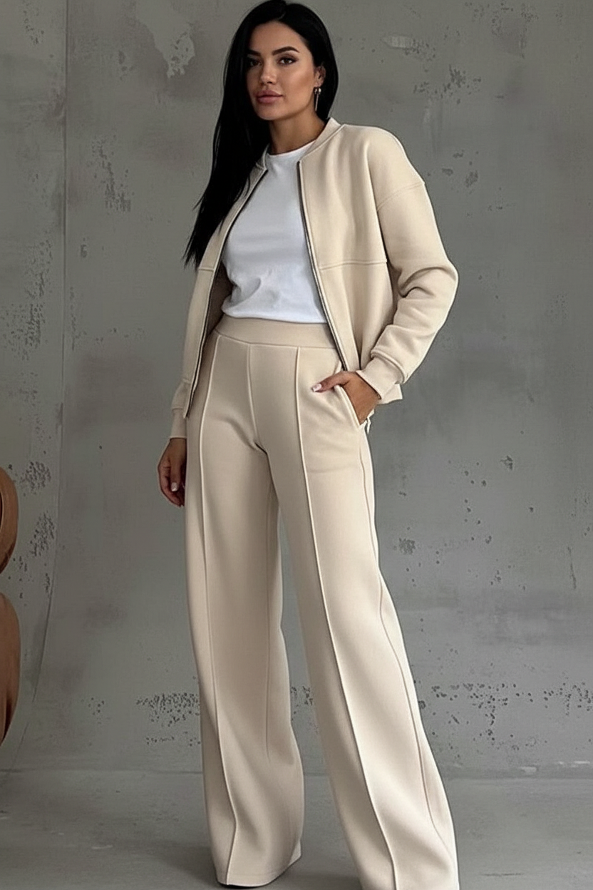 Loungeset met rits en wijde broek voor dames in beige