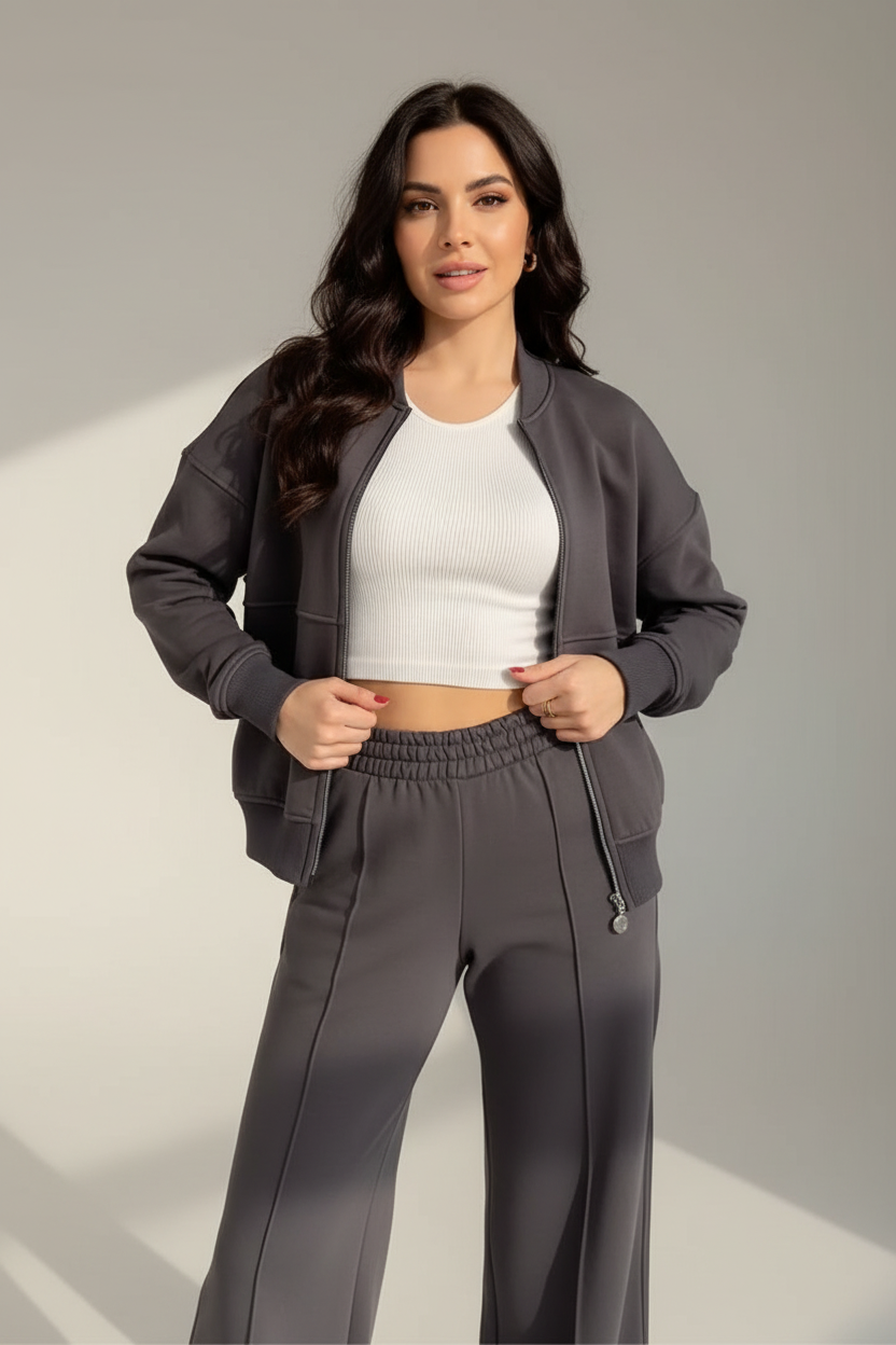Loungeset met rits en wijde broek voor dames in donkergrijs