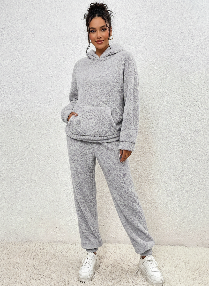 Loungeset met teddy stof en hoodie voor dames in grijs