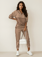 Loungeset met ritshals top en bijpassende broek voor dames in bruin