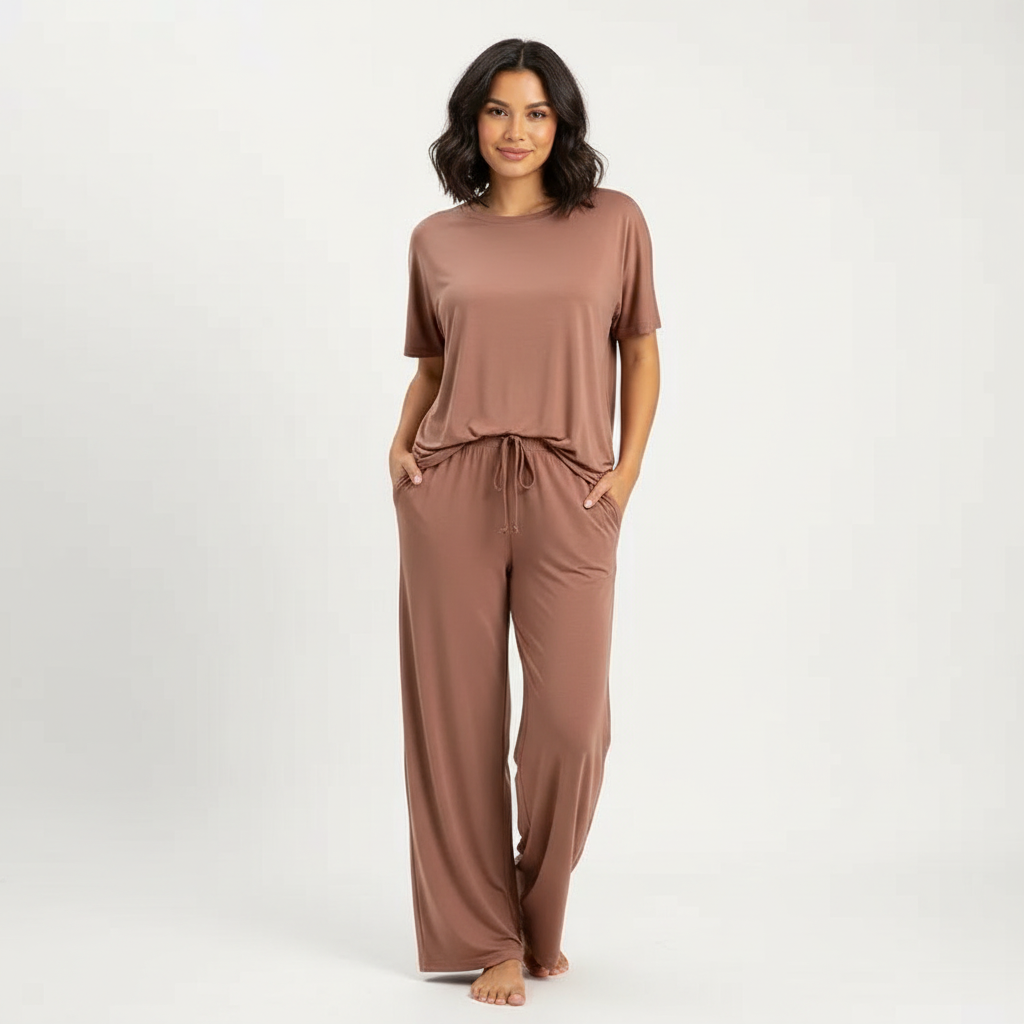 Loungeset met T-shirt en relaxte broek voor dames in bruin