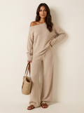 Loungewear set met off-shoulder top en wijde broek voor dames in beige