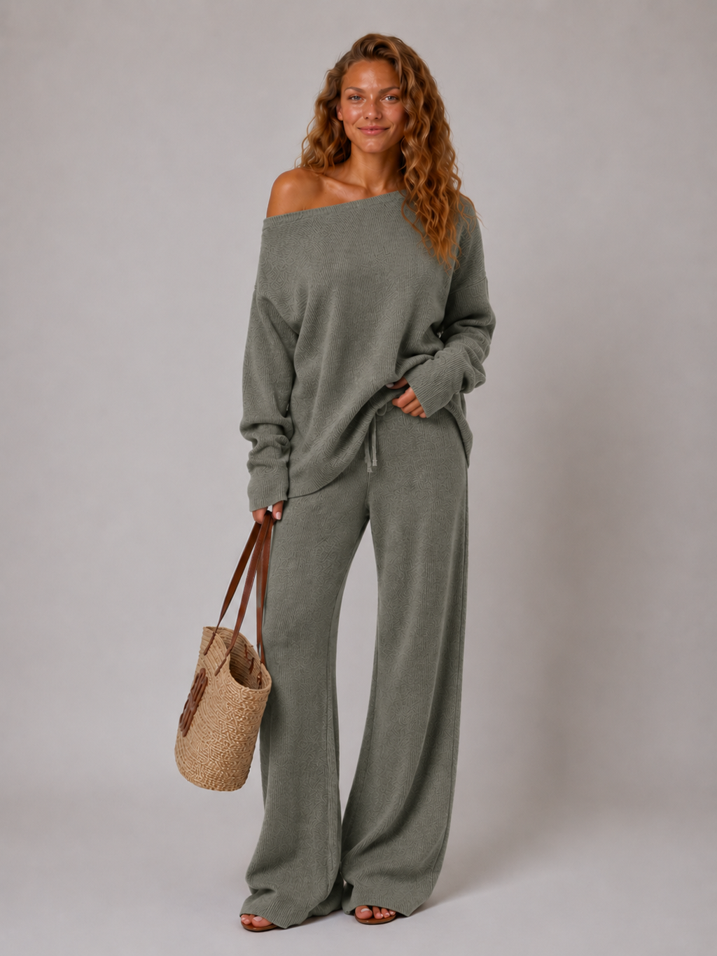 Loungewear set met off-shoulder top en wijde broek voor dames