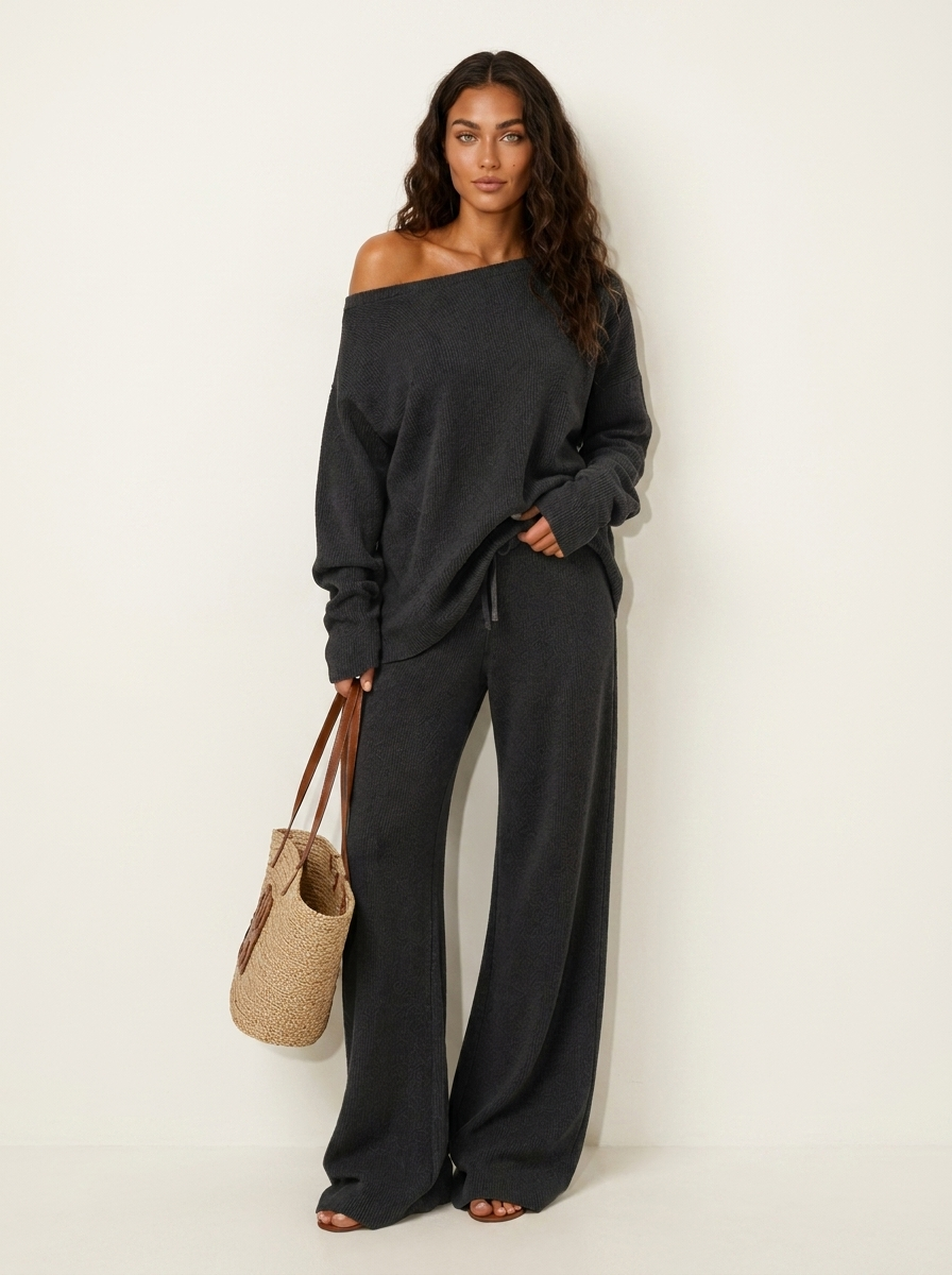 Loungewear set met off-shoulder top en wijde broek voor dames in zwart