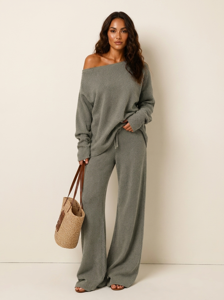 Loungewear set met off-shoulder top en wijde broek voor dames in grijs