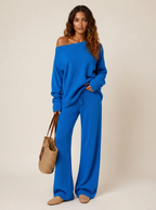 Loungewear set met off-shoulder top en wijde broek voor dames in blauw