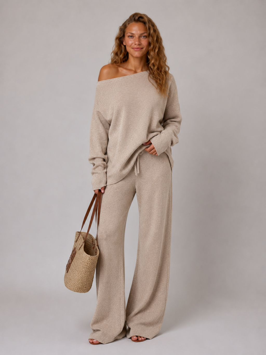 Loungewear set met off-shoulder top en wijde broek voor dames