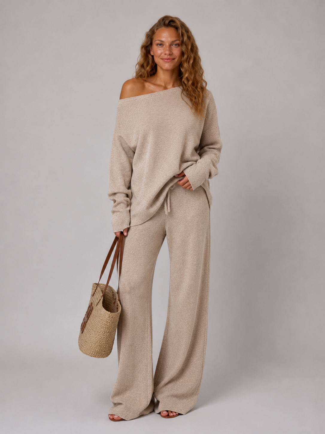 Loungewear set met off-shoulder top en wijde broek voor dames